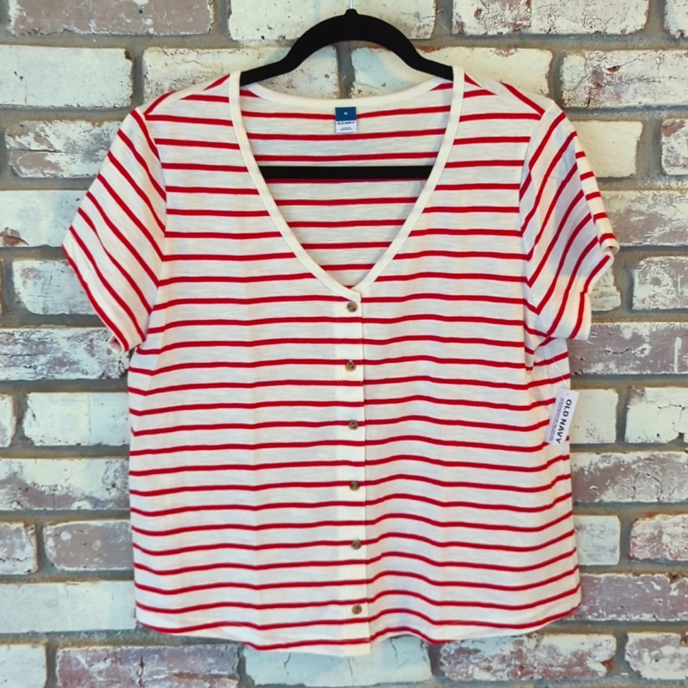 NWT Old Navy Red and White Striped Button Front Tee